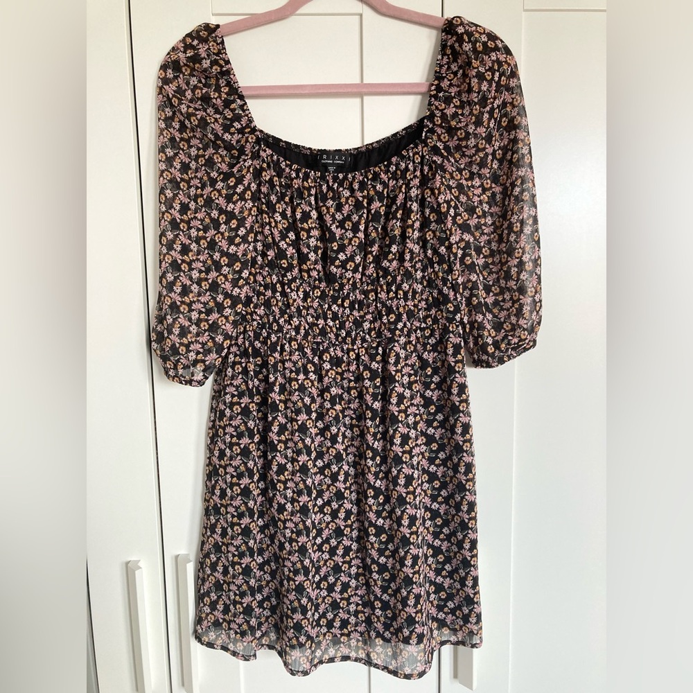 Trixxi black floral mini dress with square neck and sheer long sleeves. Size S